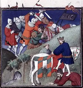 Miniature de la bataille de Manzikert, miniature issue du De casibus virorum illustrium. Bibliothèque nationale de France, Cote : Français 226, Fol. 265 #131