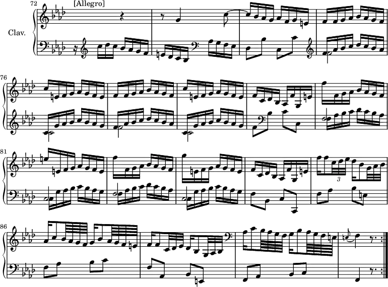 
\version "2.18.2"
\header {
  tagline = ##f
}

%% les petites notes
trillFp     = { \tag #'print { f4.-\parenthesize\prall } \tag #'midi { g32 f g f g f~ f16~ f8 } }
appoF       = { \tag #'print { \appoggiatura e8 f4 } \tag #'midi { e8 f8 } }


upper = \relative c'' {
  \clef treble 
  \key f \minor
  \time 2/4
  \tempo 4 = 60
  \set Staff.midiInstrument = #"harpsichord"
  \override TupletBracket.bracket-visibility = ##f
  \set Score.currentBarNumber = #72
  \omit Staff.TimeSignature
    \bar ""

      s8*0^\markup{[Allegro]}
      s4 r4 | r8 g4 c8~ | c16 bes aes g aes f g e | \repeat unfold 2 { f f g aes bes aes g f | c' e, f g aes g f e } |
      % ms. 79
      f16 c des bes aes  f' g, e' | f' f, g aes bes aes g f | e' e, f g aes g f e |
      % ms. 82
      f'16 f, g aes bes aes g f | g' e, f g aes g f e | f c des bes aes f' g, e' | f'16 f8 \times 2/3 { c32 des ees } des16 bes8  \omit TupletNumber \times 2/3 { g32 aes bes } | 
      % ms. 86
      aes16 c8 bes64 aes g f g16  bes8 aes64 g f e | f16 f8 \times 2/3 { c32 des ees } des16 bes8 \times 2/3 { g32 aes bes }   \clef bass aes16 c8 bes64 aes g f g16  bes8 aes64 g f e | \appoF r8.

}

lower = \relative c' {
  \clef bass
  \key f \minor
  \time 2/4
  \set Staff.midiInstrument = #"harpsichord"
  \omit Staff.TimeSignature

    % **************************************
     r16   \clef treble  c'16 des c bes aes g f | e des c bes    \clef bass aes g f ees | des8 bes' c, c' |
     % ms. 75
     \clef treble \repeat unfold 2 { << { f16 aes bes c des c bes aes | c,16 g' aes bes c bes aes g } \\ { f2 c } >> } |
     % ms. 79
     f8 \clef bass bes, c c, | \repeat unfold 2 {  << { f2 c } \\ { f16 aes bes c des c bes aes | c,16 g' aes bes c bes aes g } >> } |
     % ms. 84
     f8 bes, c c, | f' aes bes e, | f aes bes c | f, aes, bes e, | f aes bes c |   \tempo 4 = 35 f,4 r8. \bar ":|."

}

thePianoStaff = \new PianoStaff <<
    \set PianoStaff.instrumentName = #"Clav."
    \new Staff = "upper" \upper
    \new Staff = "lower" \lower
  >>

\score {
  \keepWithTag #'print \thePianoStaff
  \layout {
      #(layout-set-staff-size 17)
    \context {
      \Score
     \override SpacingSpanner.common-shortest-duration = #(ly:make-moment 1/3)
      \remove "Metronome_mark_engraver"
    }
  }
}

\score {
  \keepWithTag #'midi \thePianoStaff
  \midi { }
}
