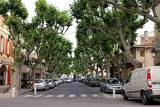 Mouriès en 2014. Vue générale du cours Paul-Revoil, sur la gauche le Café de l'Avenir.