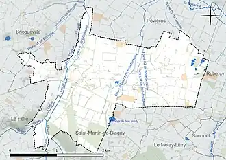 Carte en couleur présentant le réseau hydrographique de la commune