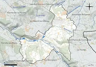 Carte en couleur présentant le réseau hydrographique de la commune