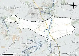 Carte en couleur présentant le réseau hydrographique de la commune