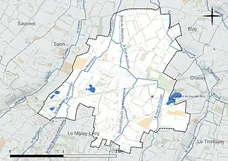 Carte en couleur présentant le réseau hydrographique de la commune