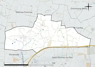 Carte en couleur présentant le réseau hydrographique de la commune