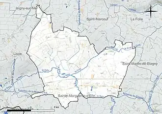 Carte en couleur présentant le réseau hydrographique de la commune