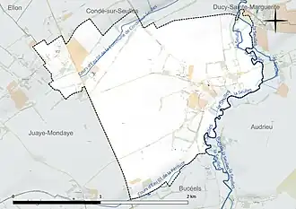 Carte en couleur présentant le réseau hydrographique de la commune
