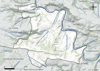 Carte en couleur présentant le réseau hydrographique de la commune