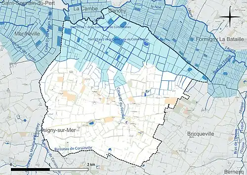 Carte en couleur présentant le réseau hydrographique de la commune