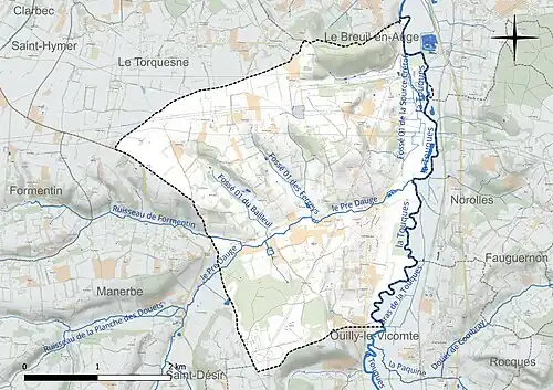 Carte en couleur présentant le réseau hydrographique de la commune