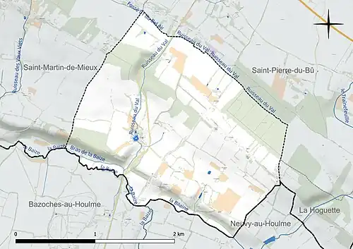 Carte en couleur présentant le réseau hydrographique de la commune