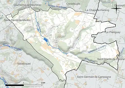 Carte en couleur présentant le réseau hydrographique de la commune