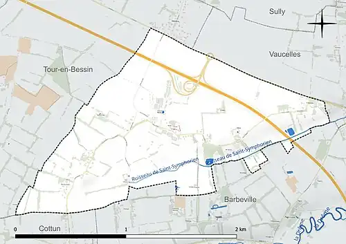Carte en couleur présentant le réseau hydrographique de la commune