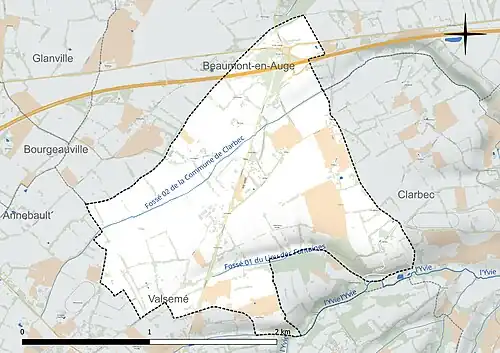 Carte en couleur présentant le réseau hydrographique de la commune