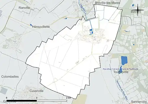 Carte en couleur présentant le réseau hydrographique de la commune