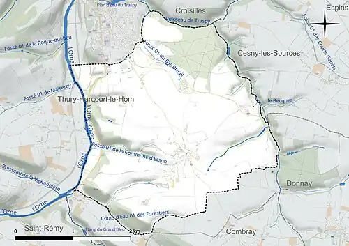 Carte en couleur présentant le réseau hydrographique de la commune
