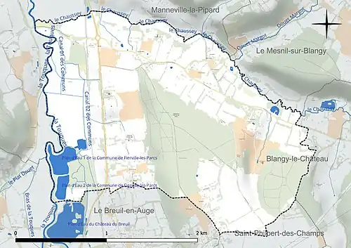 Carte en couleur présentant le réseau hydrographique de la commune