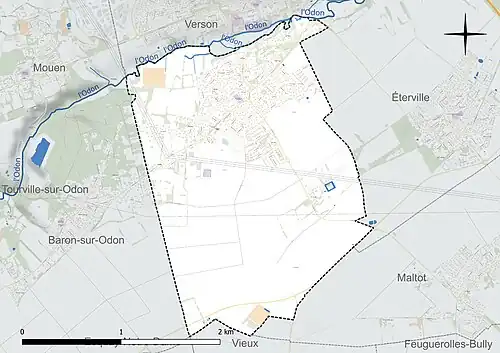 Carte en couleur présentant le réseau hydrographique de la commune