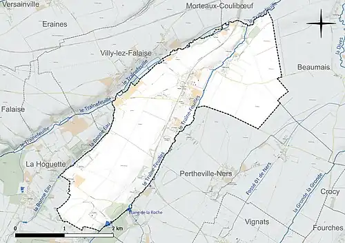 Carte en couleur présentant le réseau hydrographique de la commune