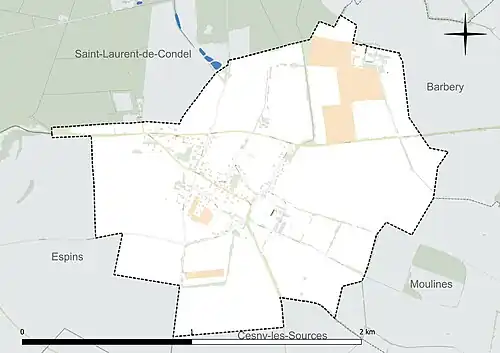 Carte en couleur présentant le réseau hydrographique de la commune