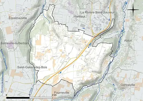 Carte en couleur présentant le réseau hydrographique de la commune