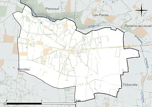 Carte en couleur présentant le réseau hydrographique de la commune