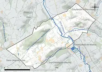 Carte en couleur présentant le réseau hydrographique de la commune