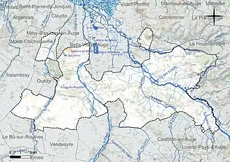Carte en couleur présentant le réseau hydrographique de la commune