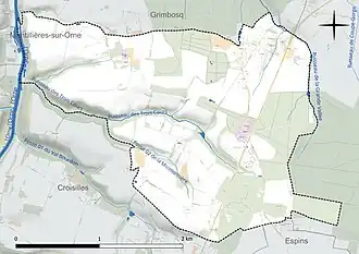 Carte en couleur présentant le réseau hydrographique de la commune