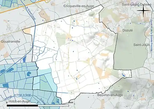 Carte en couleur présentant le réseau hydrographique de la commune