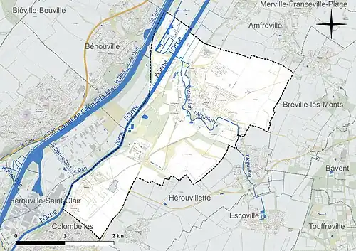 Carte en couleur présentant le réseau hydrographique de la commune