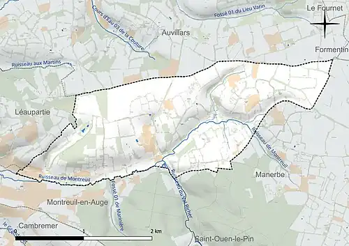 Carte en couleur présentant le réseau hydrographique de la commune