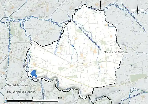 Carte en couleur présentant le réseau hydrographique de la commune