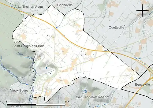 Carte en couleur présentant le réseau hydrographique de la commune