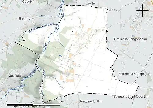 Carte en couleur présentant le réseau hydrographique de la commune