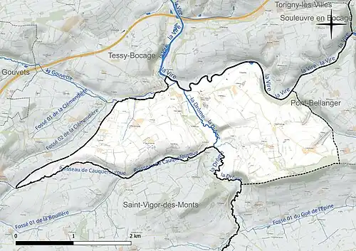 Carte en couleur présentant le réseau hydrographique de la commune