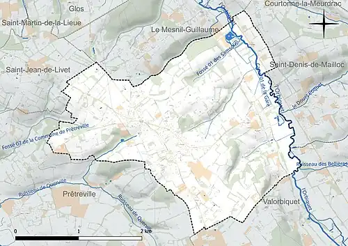 Carte en couleur présentant le réseau hydrographique de la commune