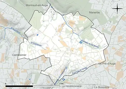 Carte en couleur présentant le réseau hydrographique de la commune