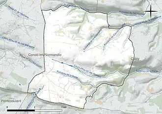 Carte en couleur présentant le réseau hydrographique de la commune