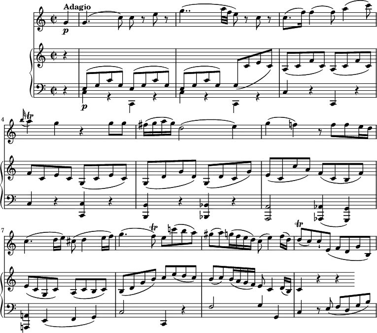 
\version "2.18.2"
\header {
  tagline = ##f
}
upper = \relative c {
               \key c \major
               \time 2/2
               \tempo 4 = 60
               \set Staff.midiMinimumVolume = #0.2 \set Staff.midiMaximumVolume = #0.5
            \partial4 r4  \change Staff =lower
            \stemUp e8\p ^(g c g) e ^ (g c g)
            e ^ (g c g) g (\change Staff =upper c e c)
            a (c f c) a (c f c)
            f c e c) g (c e c)
            g (d' g d) g, (d' c g')
            e (c c' a) f (c b f')
            e (c g c) a (c b c)
            b (d g b) c e (d c)
            b (c) b16 (a g f) e8 c4 d16 (b)
            c4 r r
            }
   
lower =  \relative c {
                \clef bass 
                \key c \major
                \time 2/2
                \set Staff.midiMinimumVolume = #0.2 \set Staff.midiMaximumVolume = #0.5
          \partial4  r4
          \stemDown  c g\rest c, g'\rest
          c g\rest c, g'\rest
          \stemUp c r c, r
          c' r <c, c'> r
          <b b'> r <bes bes'> r
          <a a'>2  <aes aes'>4 (<g g'>)
          <a! a'!> e' (f g)
          c2 c,4 r
          f'2 g4 g,
          c r8 e (f d g b)
             }
      
 vl = \relative c'' {
              \key c \major
               \time 2/2
    \partial 4 g4\p^ \markup \bold {{"Adagio"}}
    g4. (c8) c r8 e r8
    g4.. (a32 f e8) r8 c r8
    c8. (f16) f4 (f8) a4 (c8)
    \grace b32 (a4)\trill g r4 g8 g
    fis16 (g a g) d2 (e4)
    g (f!) r8 f f e16 d
    c4. (d16 e) cis8 (d4 e16 f)
    g4. (f8\trill) e c'! (b a)
    gis (a) g16 (f e d) c8 (e4) f16 (d)
    d8\trill (c) c-! e, (f d g b,)
                 }             
\score {
    \new GrandStaff <<
      \new PianoStaff <<  
        \new Staff = "upper" \upper
        \new Staff = "lower" \lower
       \set Staff.midiMinimumVolume = #0.2 \set Staff.midiMaximumVolume = #0.5
    >>
   \new Staff = "vl" \vl
    >>
    \layout {
    \context {
      \Score
      \remove "Metronome_mark_engraver"
    }
  }
  \midi { }
}
