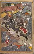Basawan ?; « La Mésaventure d''Akbar poursuivant un éléphant »,  'Akbar nâmeh, Inde, v. 1590-1595Cette image illustre la vie du troisième empereur moghol, 'Akbar.