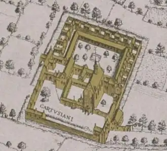 Détail de la carte de Bruges de  Marcus Gerards du XVIe&nbsp;siècle, cloître des Chartreux du Val-de-Grâce, à l'extérieur des murs de la ville.