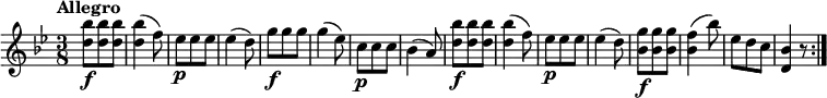 
  \relative c'' {
  \version "2.18.2"
  \key bes \major
  \tempo "Allegro"
  \time 3/8
  \tempo 4 = 130
    <d bes'>8\f <d bes'> <d bes'>
    <d bes'>4 (f8)
    ees\p ees ees
    ees4 (d8)
    g\f g g
    g4 (ees8)
    c\p c c
    bes4 (a8)
    <d bes'>8\f <d bes'> <d bes'>
    <d bes'>4 (f8)
    ees\p ees ees
    ees4 (d8)
    <bes g'>8\f <bes g'> <bes g'>
    <bes f'>4 (bes'8)
    ees, d c
    <d, bes'>4 r8\bar ":|."
}
