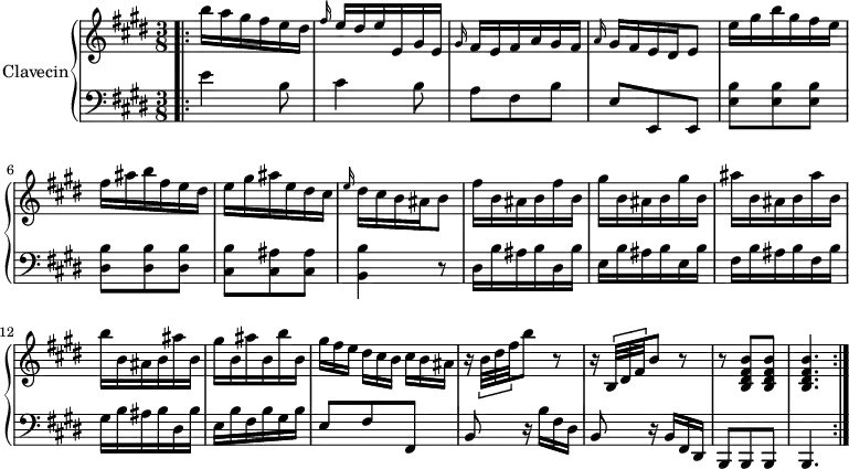 
\version "2.18.2"
\header {
  tagline=##f
}
upper=\relative c'' {
  \clef treble
  \key e \major
  \time 3/8
  \tempo 4.=58
  \tempo "Allegro"
  \set Staff.midiInstrument=#"harpsichord"

  \bar ".|:" b'16 a gis fis e dis|\grace fis e dis e e, gis e|\grace gis fis16 e fis a gis fis|\grace a gis16 fis e dis e8|
  e'16 gis b gis fis e|fis ais b fis e dis|e gis ais  e dis cis|\grace e dis cis b ais b8|fis'16 b, ais  b fis' b,|
  gis'16 b, ais b gis' b,|ais' b, ais b ais' b,|b'16 b, ais b ais' b,|gis' b, ais' b, b' b,|\times 2/3 { gis'16 fis e } \times 2/3 { dis[ cis b] } \times 2/3 { cis b ais }|
  r16 \times 2/3 { b32 dis fis } b8 r8|r16 \times 2/3 { b,,32 dis fis } b8 r8|r8 < b, dis fis b >8 q q4. \bar ":|."

}

lower=\relative c' {
  \clef bass
  \key e \major
  \time 3/8
  \set Staff.midiInstrument=#"harpsichord"
   
   e4 b8 cis4 b8 a fis b e, e, e < e' b' >8 q q < dis b' > q q < cis b' > < cis ais' > q < b b' >4 r8 
   dis16 b' ais b dis, b'|e, b' ais b e, b'|fis b ais b fis b|gis b ais b dis, b'|e, b' fis b gis b|e,8 fis fis,|b r16 b'16 fis dis b8 r16 b16 fis dis b8 b b b4.
}

\score {
  \new PianoStaff <<
    \set PianoStaff.instrumentName=#"Clavecin"
    \new Staff="upper" \upper
    \new Staff="lower" \lower
  >>
  \layout {
    \context {
      \Score
      \omit TupletNumber
      \remove "Metronome_mark_engraver"
    }
  }
  \midi { }
}
