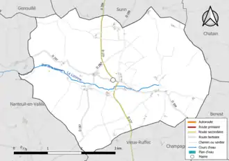 Carte en couleur présentant le réseau hydrographique de la commune