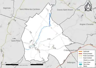Carte en couleur présentant le réseau hydrographique de la commune