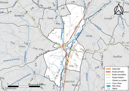 Carte en couleur présentant le réseau hydrographique de la commune