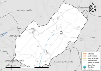 Carte en couleur présentant le réseau hydrographique de la commune