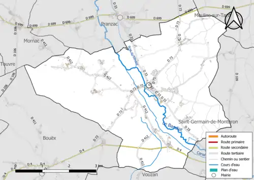 Carte en couleur présentant le réseau hydrographique de la commune