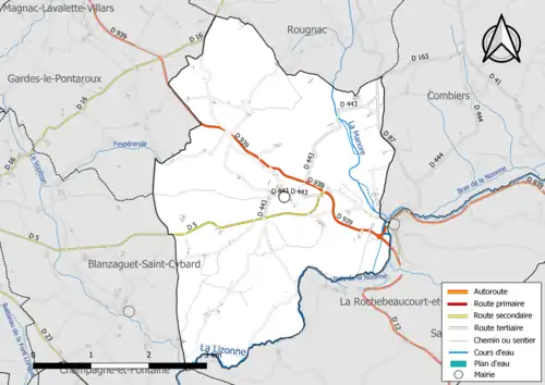 Carte en couleurs présentant le réseau hydrographique de la commune