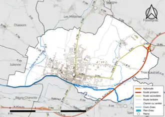 Carte en couleur présentant le réseau hydrographique de la commune